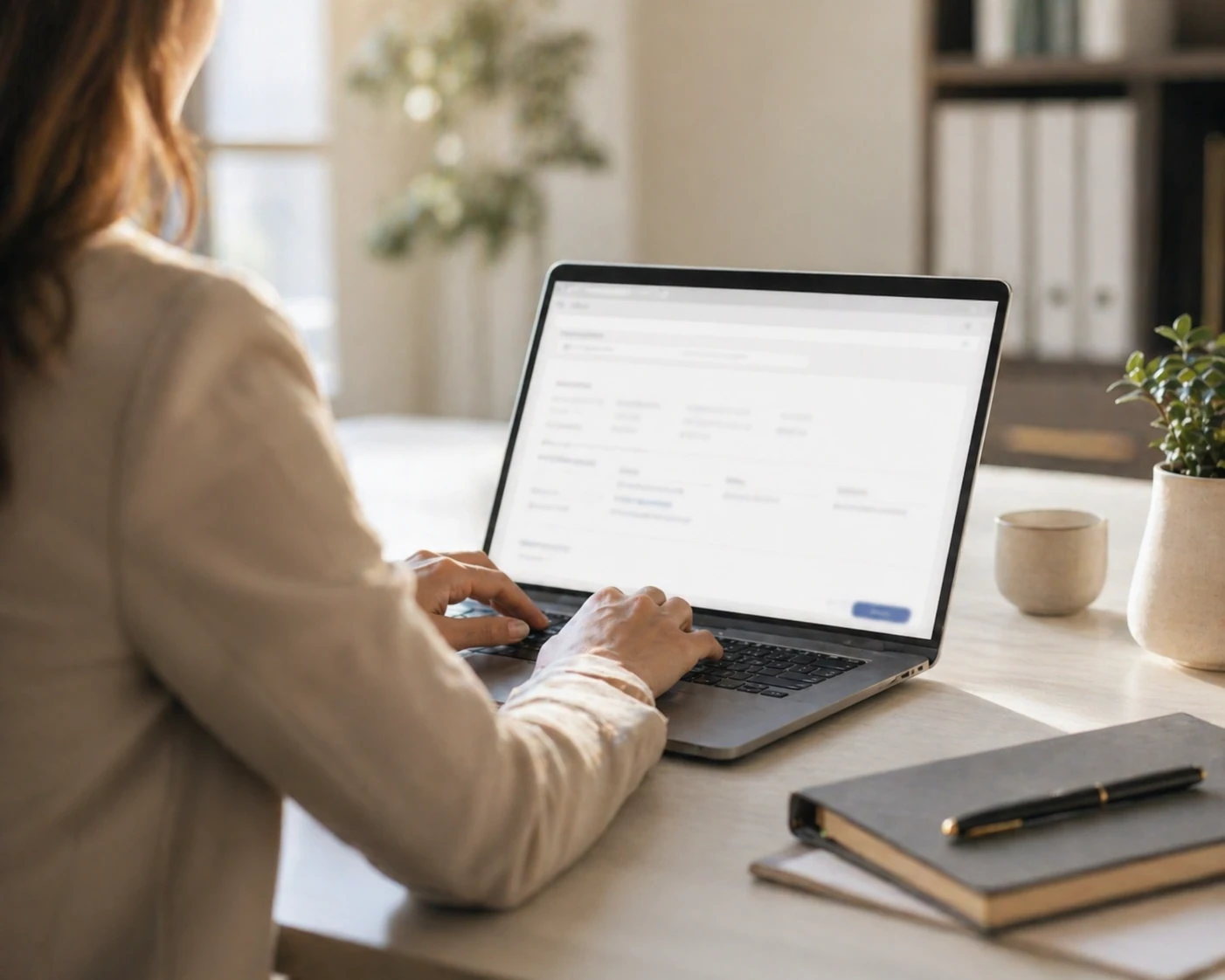 Mujer usando un ordenador para preparar documentación de regularización online.